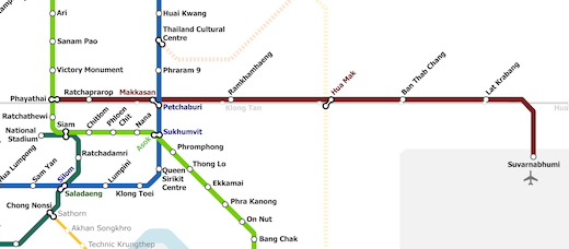 スワンナプーム空港からバンコク市内へ エアポートレールリンク 路線図